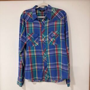 Salt Valley Western Plaid Pearl Snap Shirt Womens L Blue Long Sleeve Westerncore